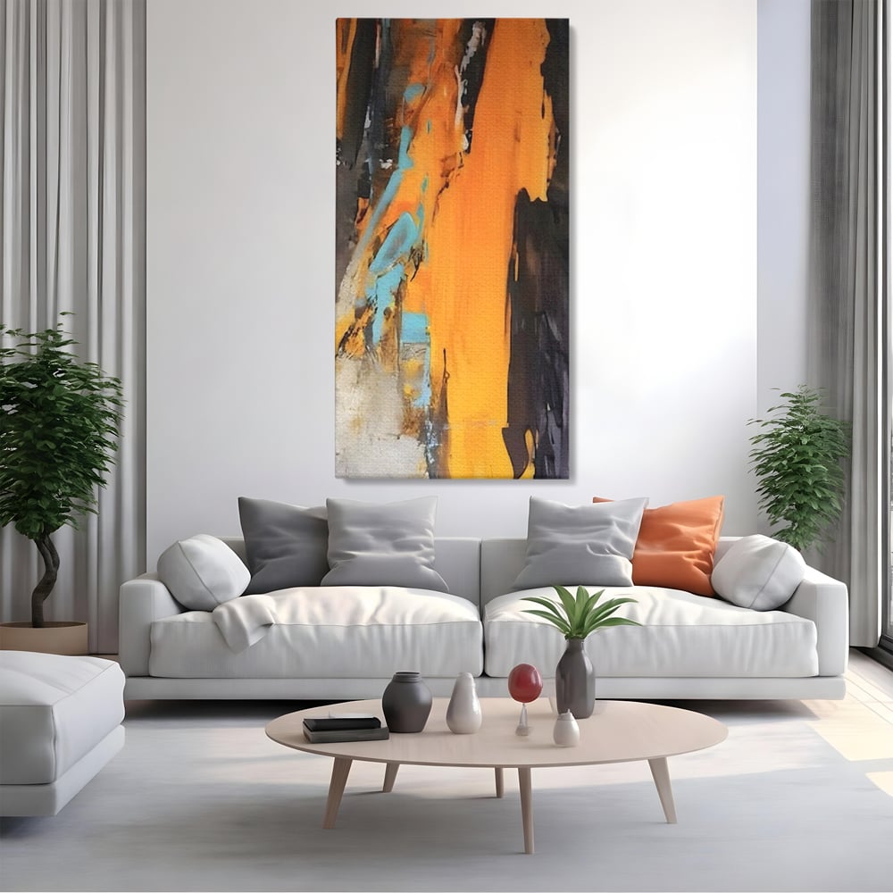 Tablou canvas cu pictura abstracta cu pete portocalii, fara rama, pe sasiu de lemn, pe perete intr-un living